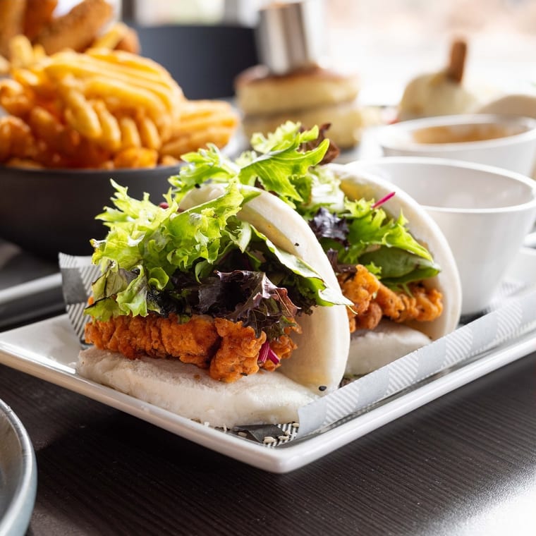 Fried chicken bao with waffle fries